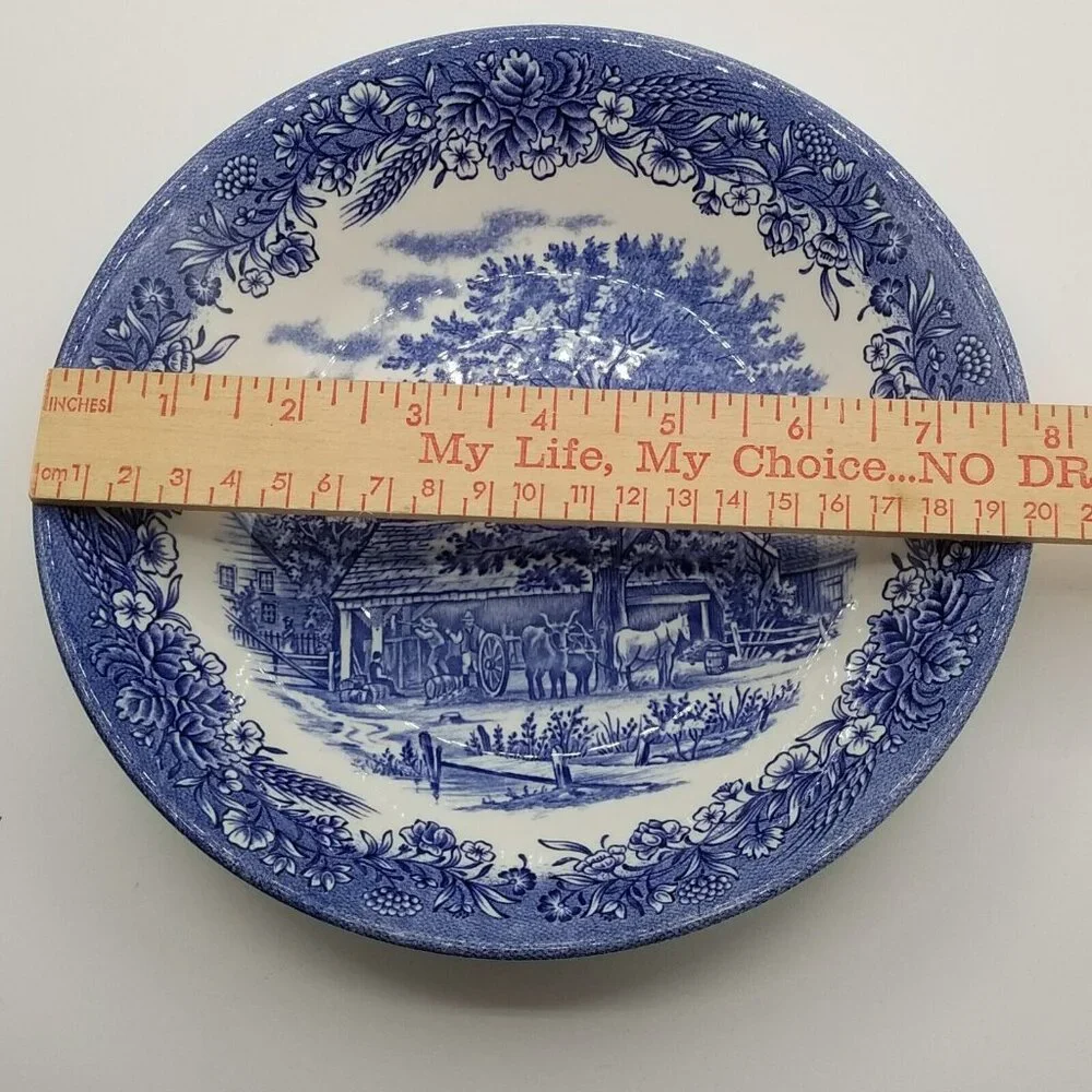 Lot Of 3 Churchill England Soup Bowls 7.75” Farm Scene‎ Horse Oxen Blue Floral